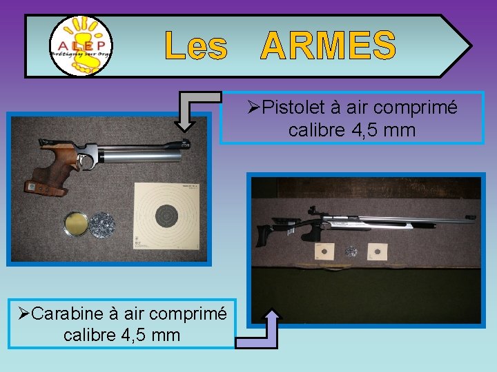 Les ARMES ØPistolet à air comprimé calibre 4, 5 mm ØCarabine à air comprimé