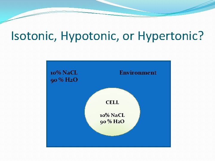 Isotonic, Hypotonic, or Hypertonic? 10% Na. CL 90 % H 2 O Environment CELL