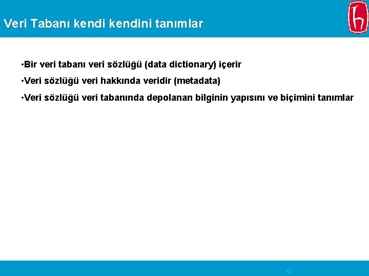 Veri Tabanı kendini tanımlar • Bir veri tabanı veri sözlüğü (data dictionary) içerir •