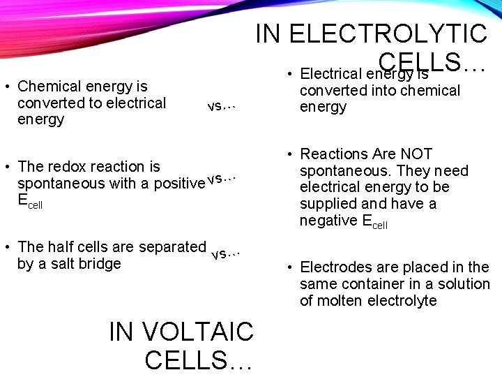 • Chemical energy is converted to electrical energy IN ELECTROLYTIC CELLS… • Electrical