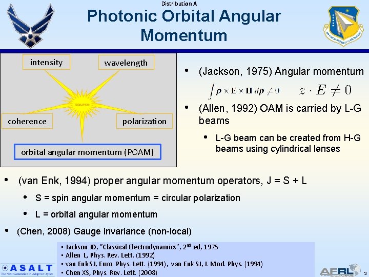 Distribution A Photonic Orbital Angular Momentum intensity coherence wavelength • (Jackson, 1975) Angular momentum