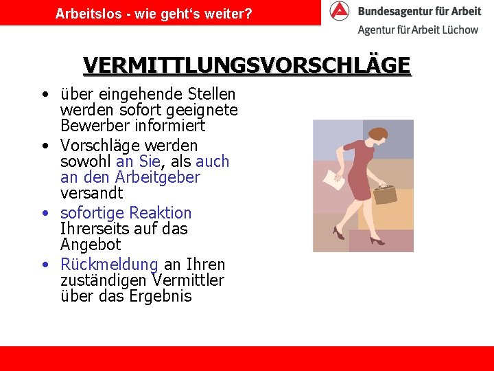 Arbeitslos - wie geht‘s weiter? VERMITTLUNGSVORSCHLÄGE • über eingehende Stellen werden sofort geeignete Bewerber