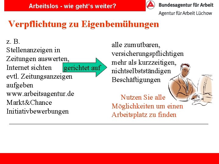 Arbeitslos - wie geht‘s weiter? Verpflichtung zu Eigenbemühungen z. B. Stellenanzeigen in Zeitungen auswerten,