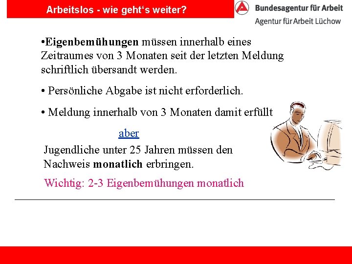 Arbeitslos - wie geht‘s weiter? • Eigenbemühungen müssen innerhalb eines Zeitraumes von 3 Monaten