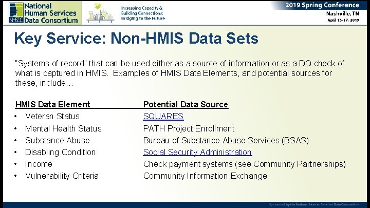 Key Service: Non-HMIS Data Sets “Systems of record” that can be used either as