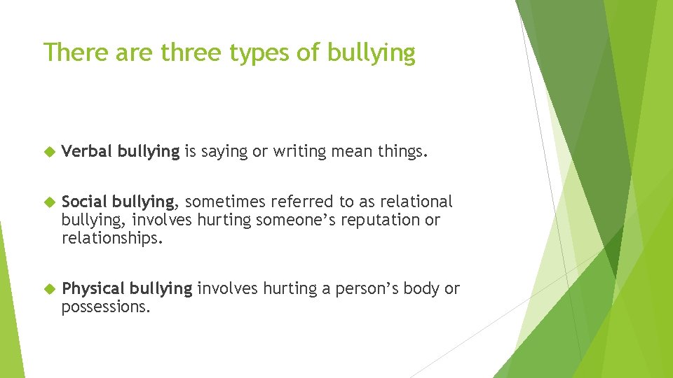 There are three types of bullying Verbal bullying is saying or writing mean things.
