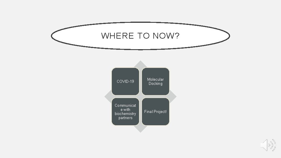 WHERE TO NOW? COVID-19 Molecular Docking Communicat e with biochemistry partners Final Project! WHERE TO NOW? COVID-19 Molecular Docking Communicat e with biochemistry partners Final Project!