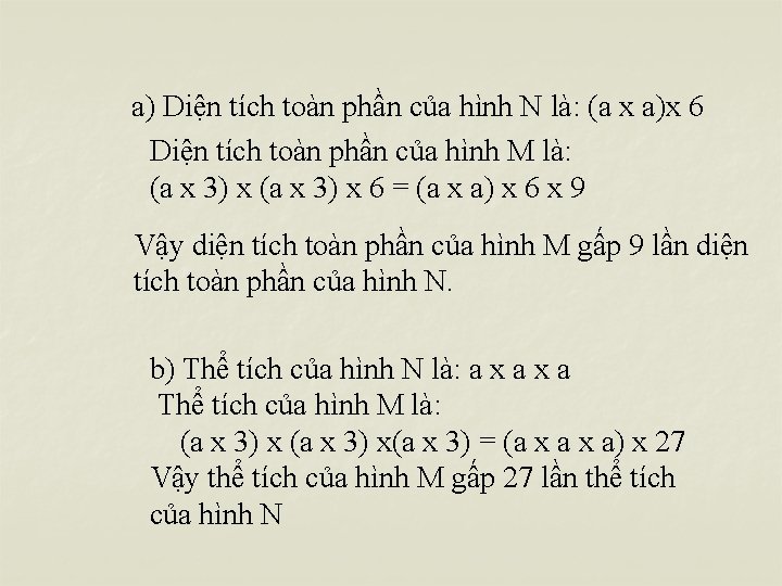 a) Diện tích toàn phần của hình N là: (a x a)x 6 Diện