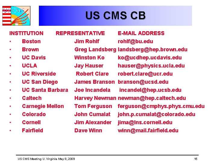 US CMS CB INSTITUTION • • • REPRESENTATIVE E-MAIL ADDRESS Boston Brown UC Davis