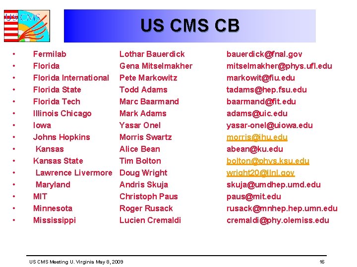 US CMS CB • • • • Fermilab Florida International Lothar Bauerdick Gena Mitselmakher