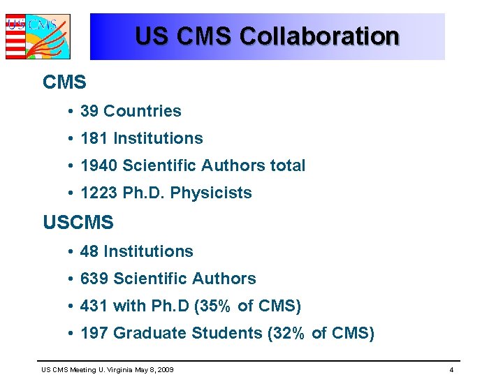 US CMS Collaboration CMS • 39 Countries • 181 Institutions • 1940 Scientific Authors