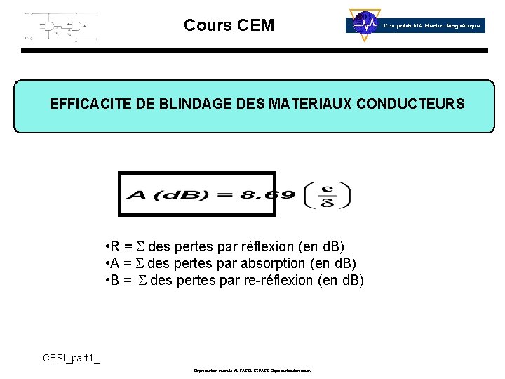 Cours CEM EFFICACITE DE BLINDAGE DES MATERIAUX CONDUCTEURS • R = S des pertes