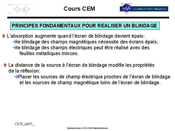 Cours CEM PRINCIPES FONDAMENTAUX POUR REALISER UN BLINDAGE t L’absorption augmente quand l’écran de