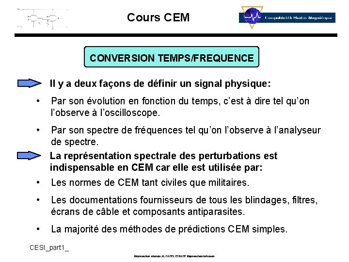 Cours CEM CONVERSION TEMPS/FREQUENCE Il y a deux façons de définir un signal physique: