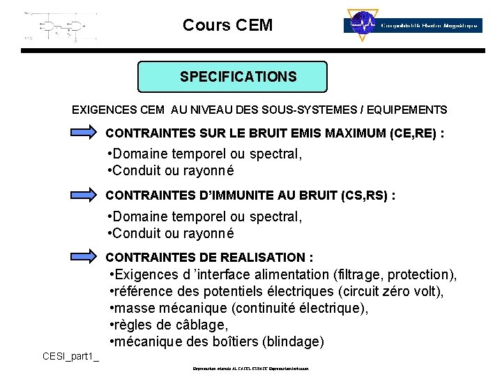 Cours CEM SPECIFICATIONS EXIGENCES CEM AU NIVEAU DES SOUS-SYSTEMES / EQUIPEMENTS CONTRAINTES SUR LE