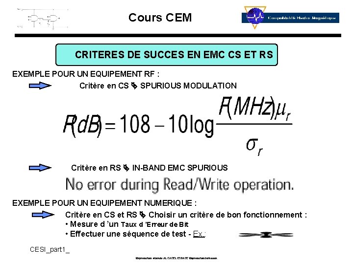 Cours CEM CRITERES DE SUCCES EN EMC CS ET RS EXEMPLE POUR UN EQUIPEMENT