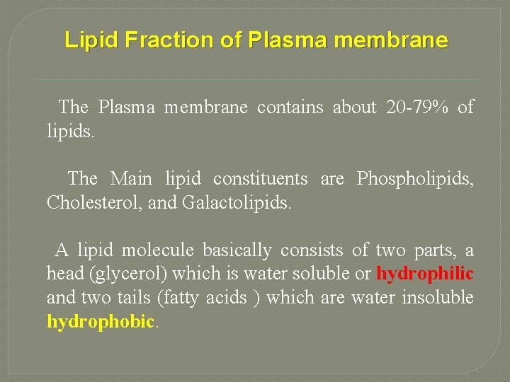 Lipid Fraction of Plasma membrane The Plasma membrane contains about 20 -79% of lipids.