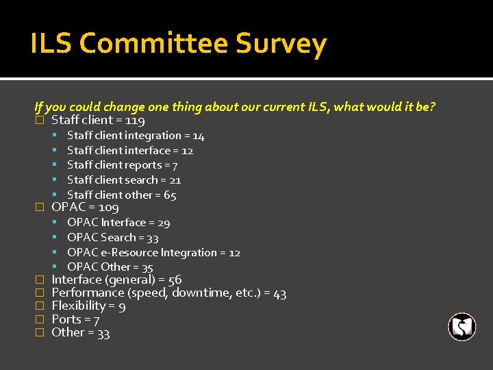 ILS Committee Survey If you could change one thing about our current ILS, what