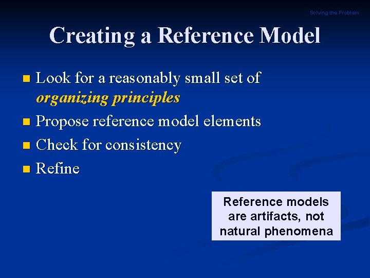 Solving the Problem Creating a Reference Model Look for a reasonably small set of