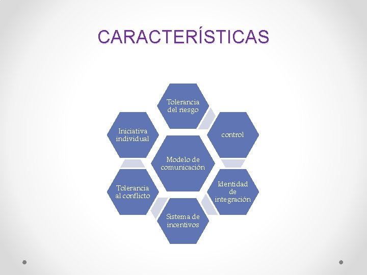 CARACTERÍSTICAS Tolerancia del riesgo Iniciativa individual control Modelo de comunicación Identidad de integración Tolerancia