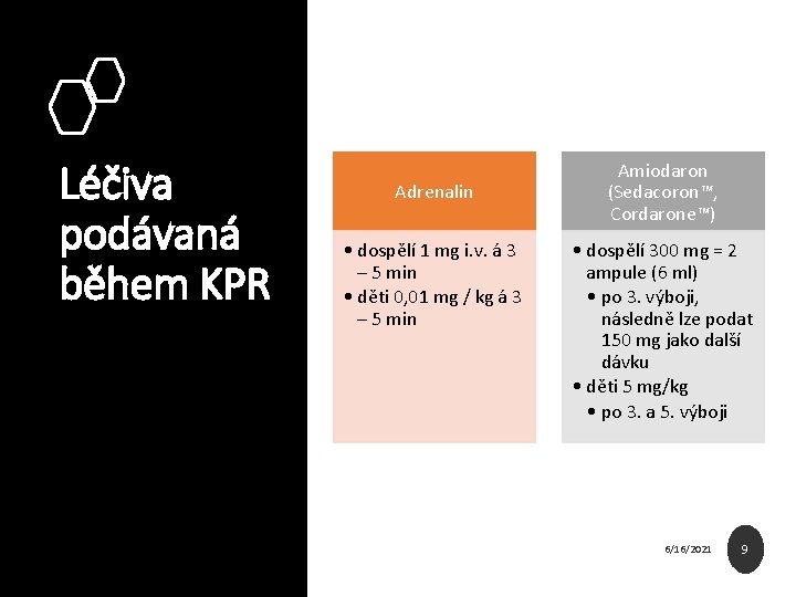 Léčiva podávaná během KPR Adrenalin • dospělí 1 mg i. v. á 3 –
