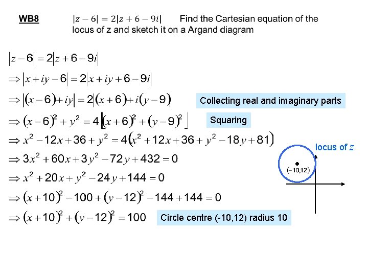 Collecting real and imaginary parts Squaring locus of z Circle centre (-10, 12) radius
