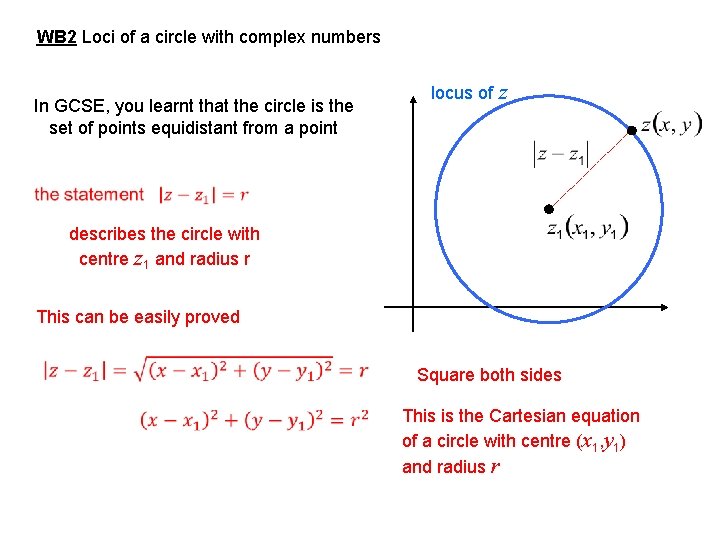 WB 2 Loci of a circle with complex numbers In GCSE, you learnt that