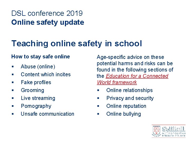 DSL conference 2019 Online safety update Teaching online safety in school How to stay