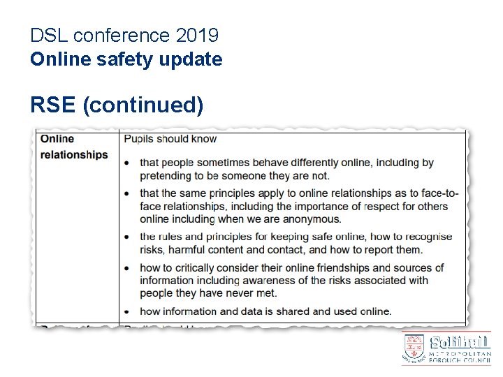 DSL conference 2019 Online safety update RSE (continued) 