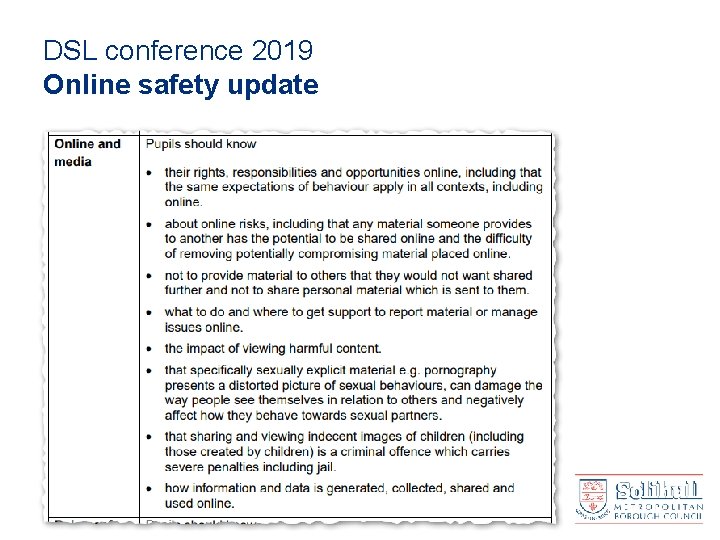 DSL conference 2019 Online safety update RSE (continued) 