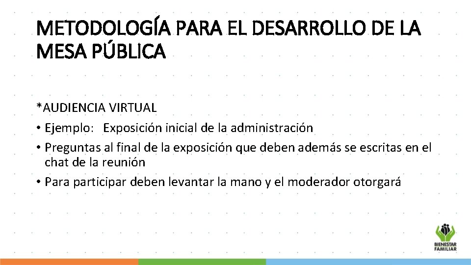 METODOLOGÍA PARA EL DESARROLLO DE LA MESA PÚBLICA *AUDIENCIA VIRTUAL • Ejemplo: Exposición inicial