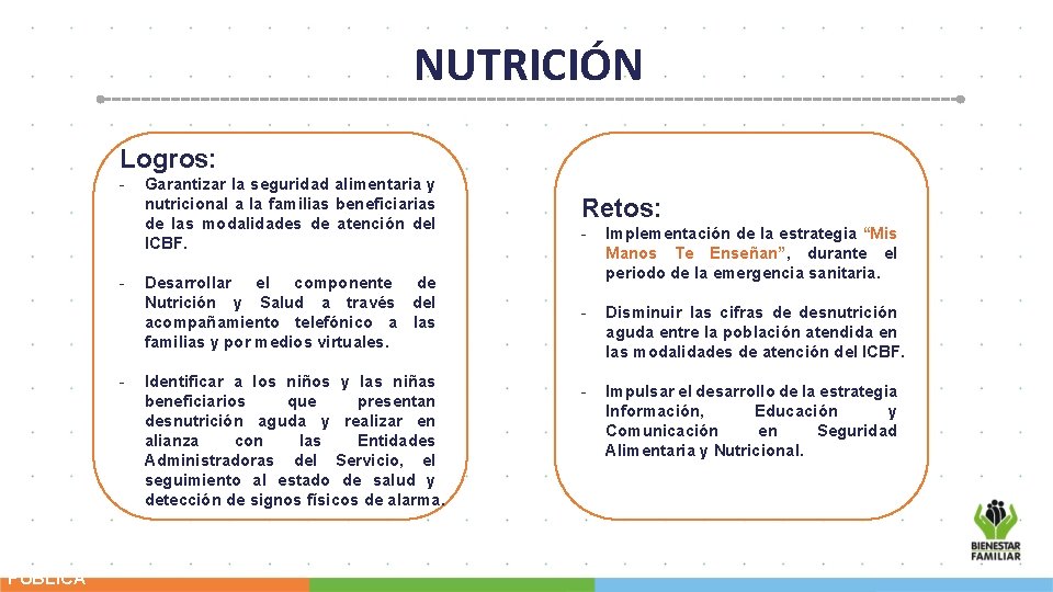 NUTRICIÓN Logros: - - - PÚBLICA Garantizar la seguridad alimentaria y nutricional a la