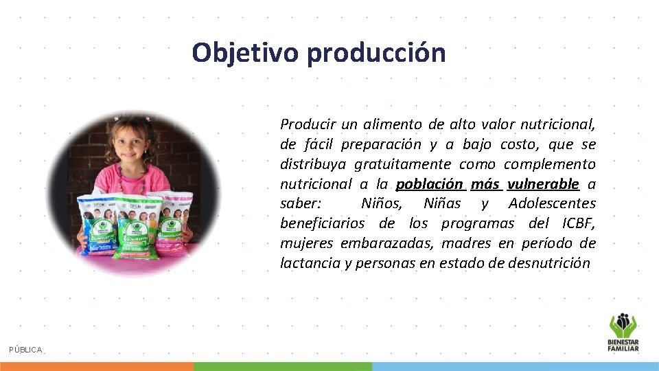Objetivo producción Producir un alimento de alto valor nutricional, de fácil preparación y a