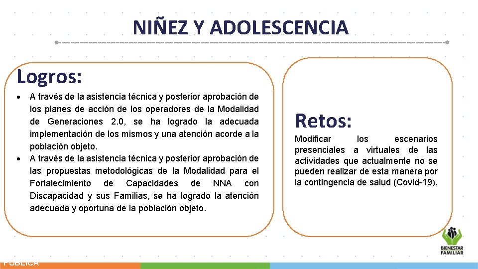 NIÑEZ Y ADOLESCENCIA Logros: A través de la asistencia técnica y posterior aprobación de