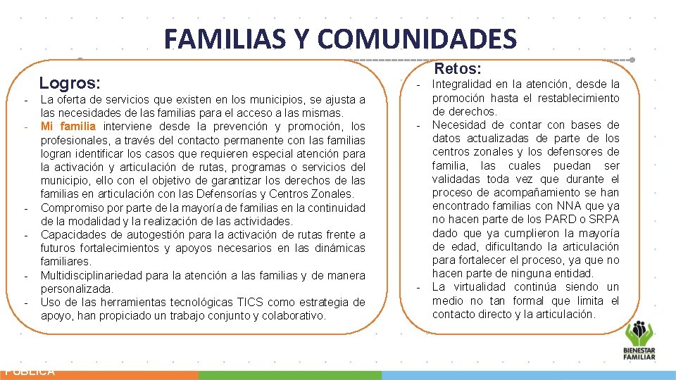 FAMILIAS Y COMUNIDADES Logros: - - La oferta de servicios que existen en los