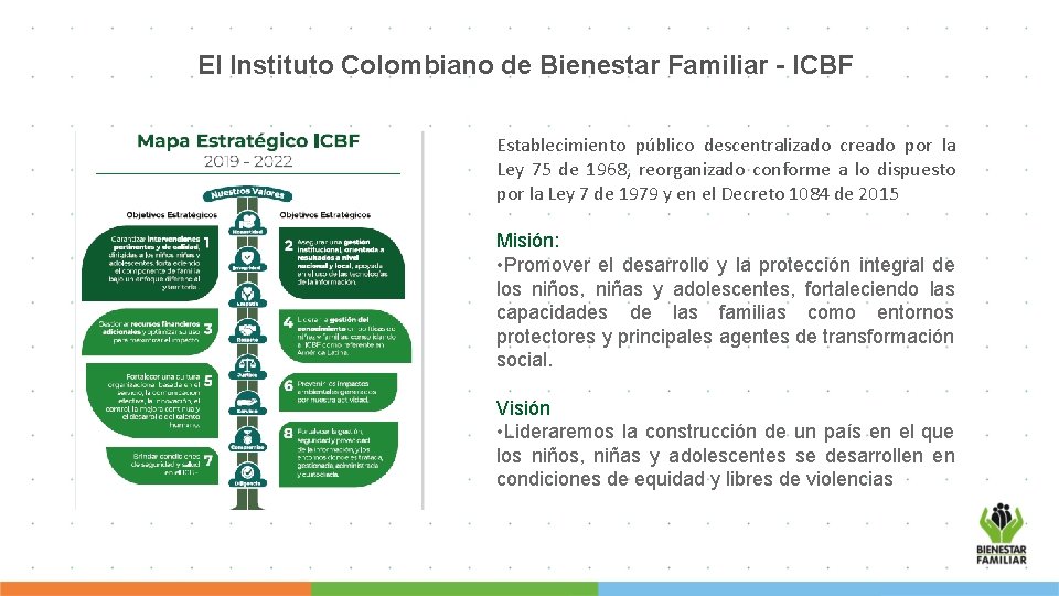 El Instituto Colombiano de Bienestar Familiar - ICBF Establecimiento público descentralizado creado por la
