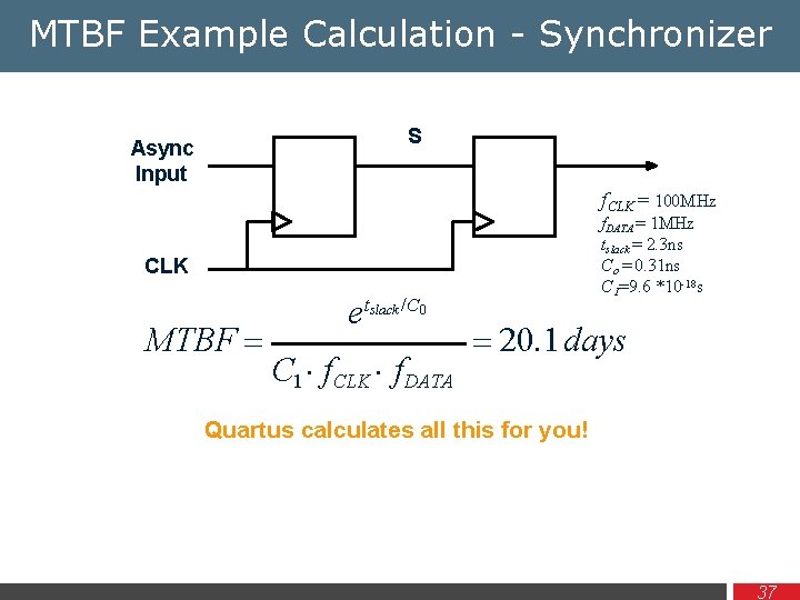 MTBF Example Calculation - Synchronizer S Async Input f. CLK = 100 MHz f.