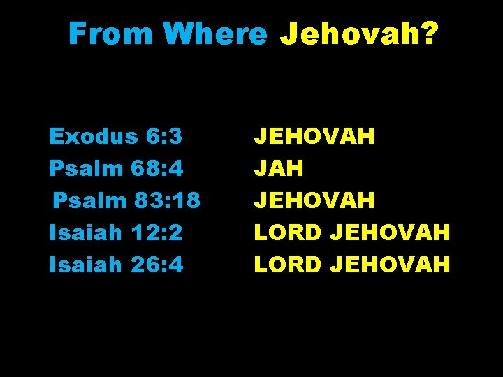 From Where Jehovah? Exodus 6: 3 Psalm 68: 4 Psalm 83: 18 Isaiah 12: