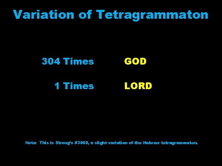 Variation of Tetragrammaton 304 Times 1 Times GOD LORD Note: This is Strong’s #3069,