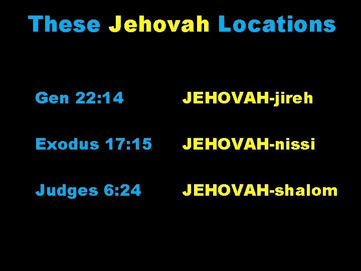 These Jehovah Locations Gen 22: 14 JEHOVAH-jireh Exodus 17: 15 JEHOVAH-nissi Judges 6: 24