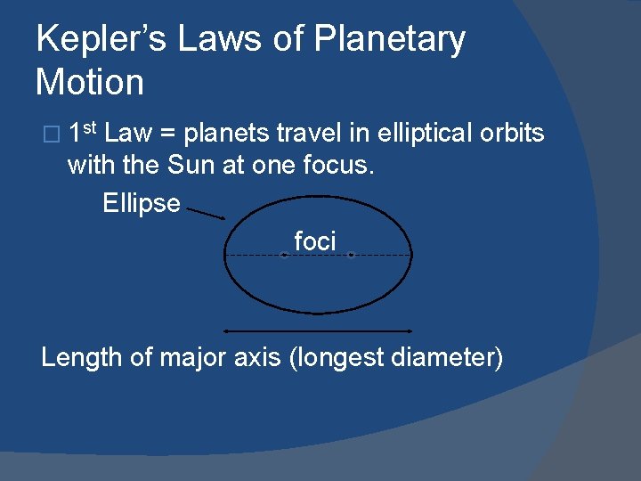 Kepler’s Laws of Planetary Motion � 1 st Law = planets travel in elliptical