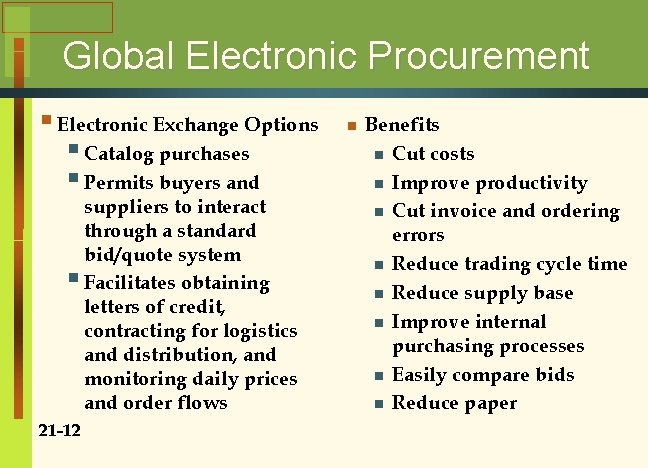 Global Electronic Procurement § Electronic Exchange Options § Catalog purchases § Permits buyers and