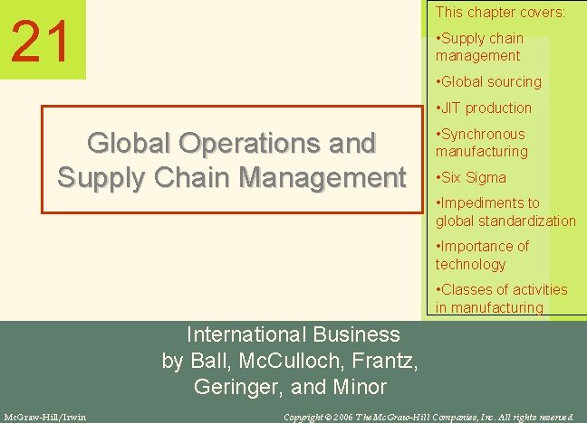 This chapter covers: 21 • Supply chain management • Global sourcing • JIT production