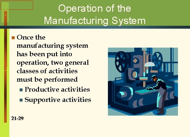 Operation of the Manufacturing System n Once the manufacturing system has been put into