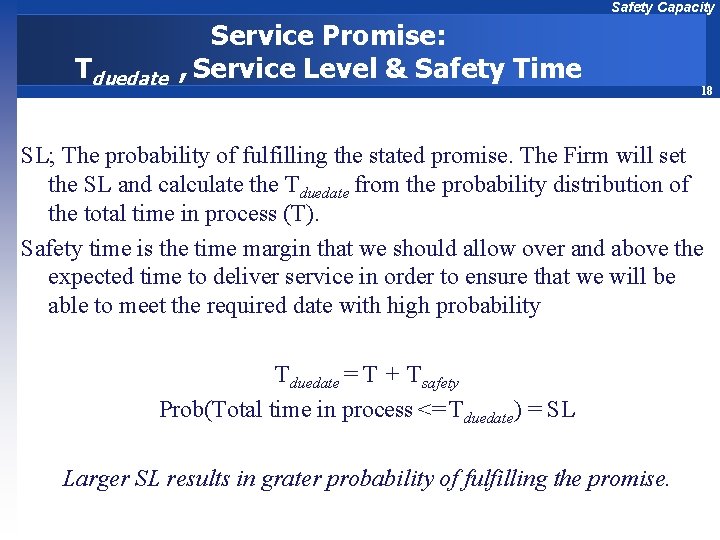 Safety Capacity Tduedate Service Promise: , Service Level & Safety Time 18 SL; The