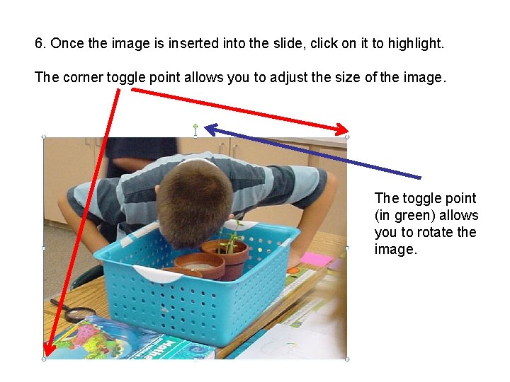 6. Once the image is inserted into the slide, click on it to highlight.