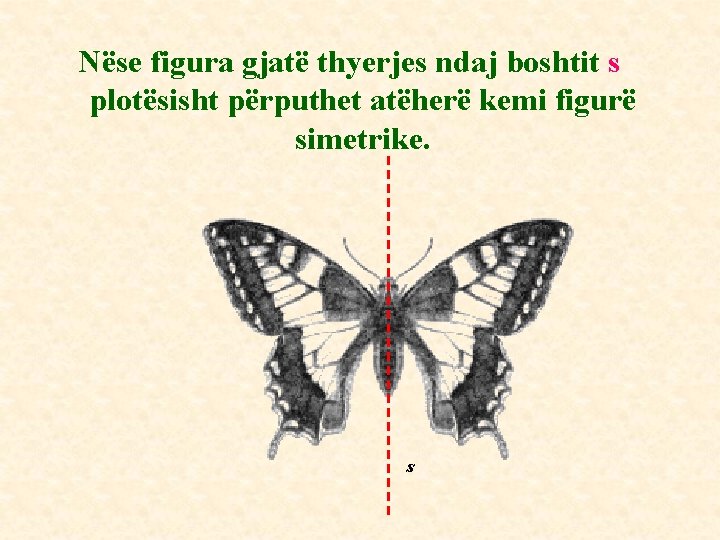 Nëse figura gjatë thyerjes ndaj boshtit s plotësisht përputhet atëherë kemi figurë simetrike. s Nëse figura gjatë thyerjes ndaj boshtit s plotësisht përputhet atëherë kemi figurë simetrike. s