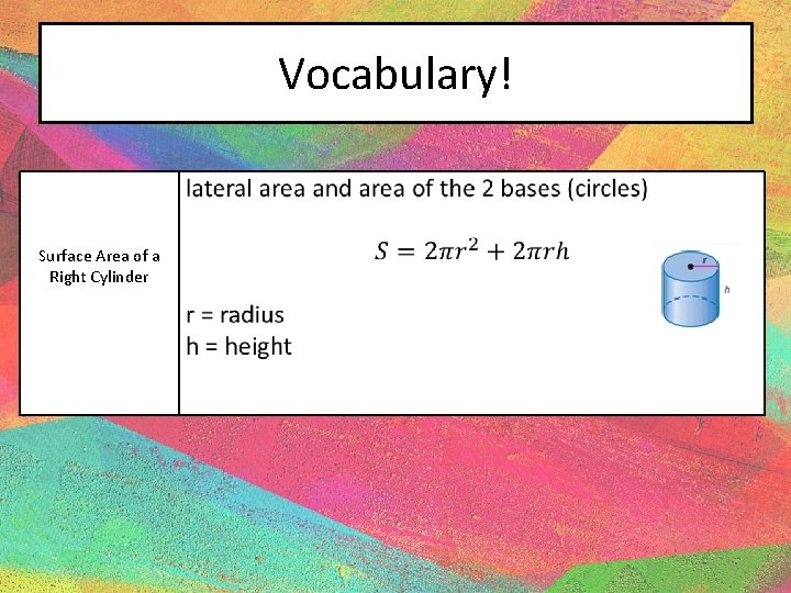Vocabulary! Surface Area of a Right Cylinder 