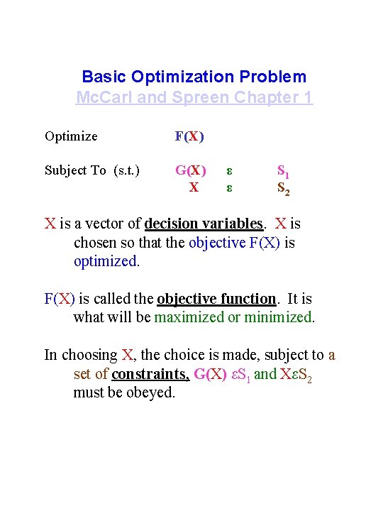 Basic Optimization Problem Mc. Carl and Spreen Chapter 1 Optimize F(X) Subject To (s.