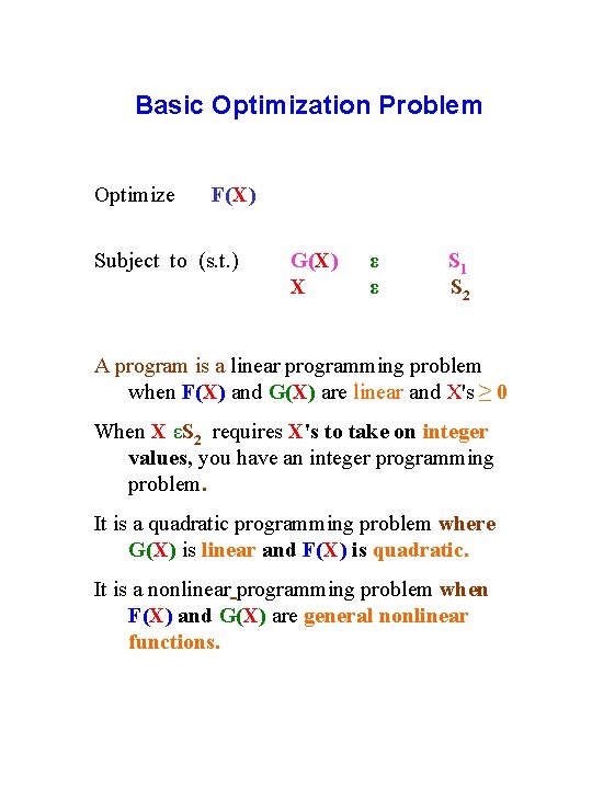 Basic Optimization Problem Optimize F(X) Subject to (s. t. ) G(X) X ε ε